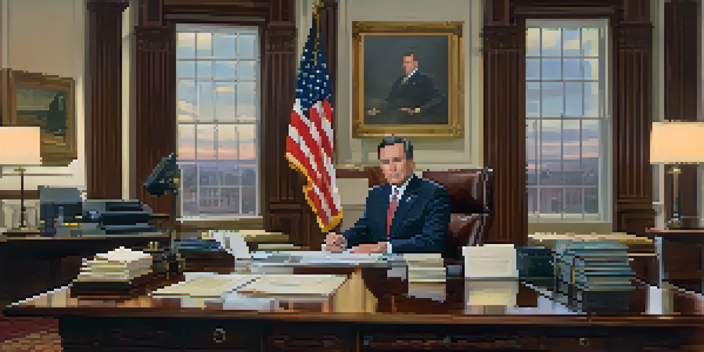 An office scene showing the Governor of New Jersey at a desk with state flags in the background, emphasizing a professional atmosphere.