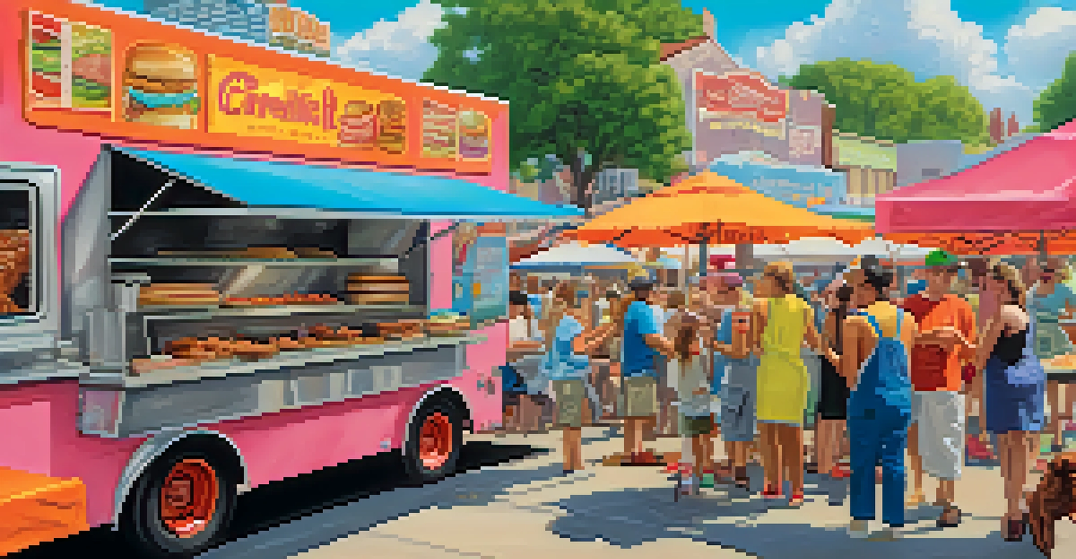 A colorful food truck at a festival serving pork roll sandwiches, with people in line and a chef grilling in the foreground.