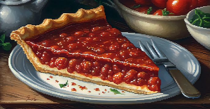 A slice of tomato pie with a flaky crust and caramelized tomato sauce, set on a wooden table in a cozy bakery.