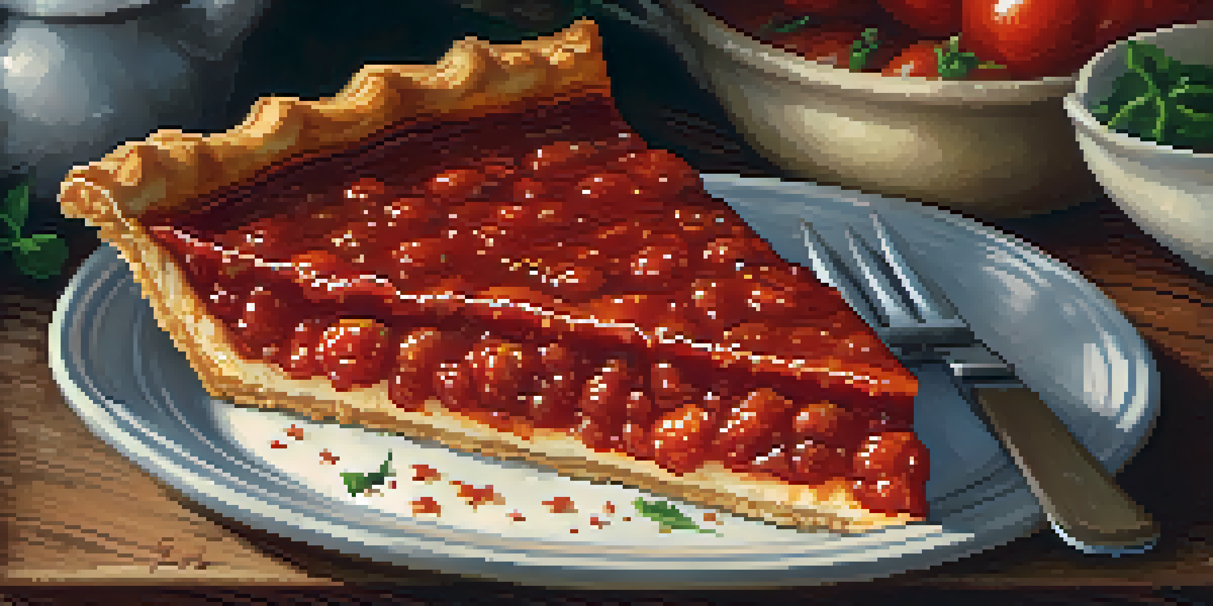 A slice of tomato pie with a flaky crust and caramelized tomato sauce, set on a wooden table in a cozy bakery.