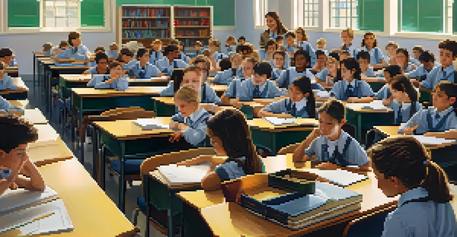 A comparison of public and private schools, featuring a crowded classroom on one side and a small group of students with a teacher on the other, highlighting the differences in class size and attention.