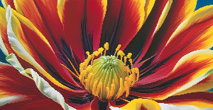 A close-up of a large, brightly colored flower against a soft, blurred background, reflecting the artistic style of Georgia O'Keeffe.