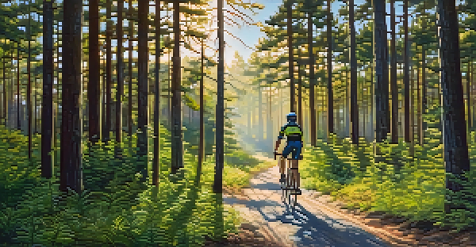 A cyclist on a beautiful trail surrounded by tall trees and greenery in New Jersey's Pine Barrens, with sunlight streaming through the leaves.