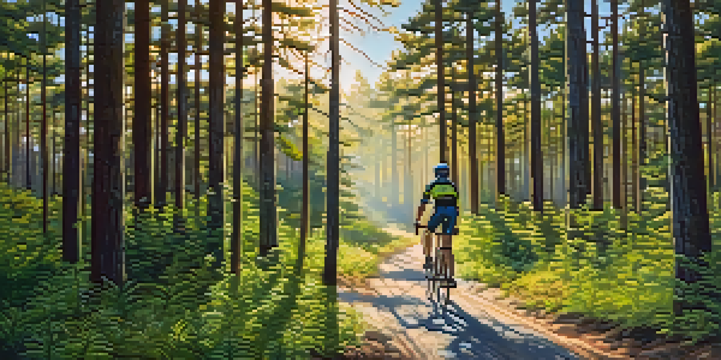 A cyclist on a beautiful trail surrounded by tall trees and greenery in New Jersey's Pine Barrens, with sunlight streaming through the leaves.