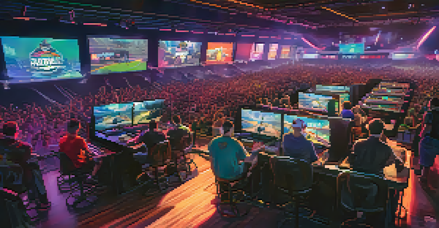 An esports tournament with gamers at their screens, colorful lights, and fans cheering in the background.
