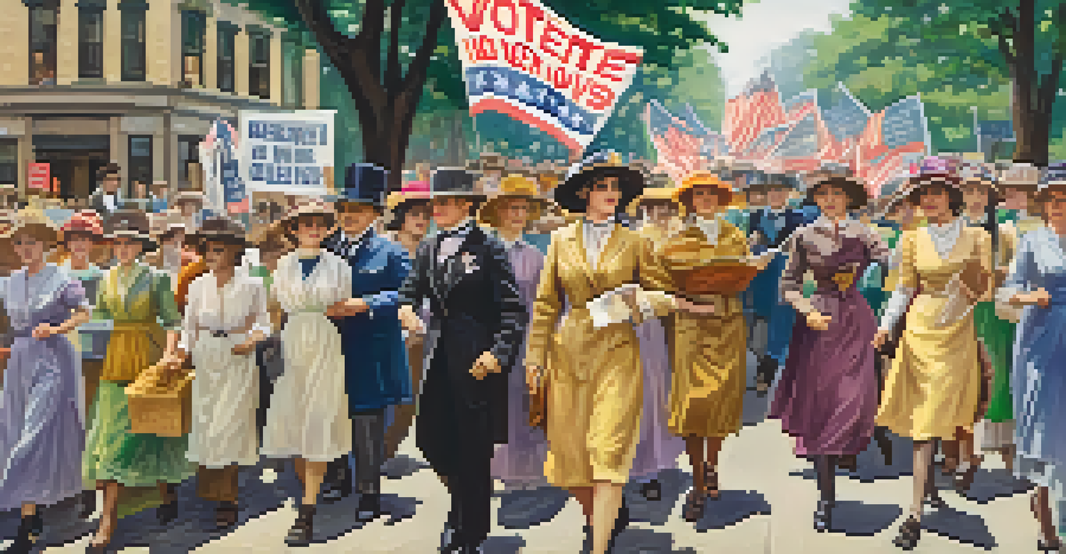 Alice Paul leading a women's suffrage march with diverse women holding banners and signs.