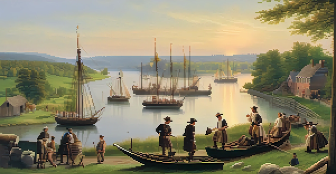 A historic scene depicting Dutch and English settlers by the Hudson River, with traditional ships and farmland at sunset.