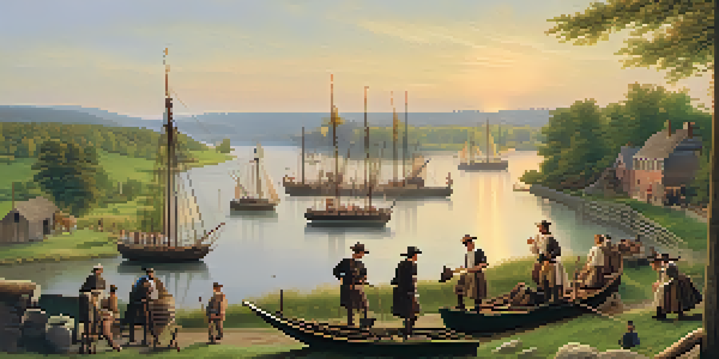 A historic scene depicting Dutch and English settlers by the Hudson River, with traditional ships and farmland at sunset.