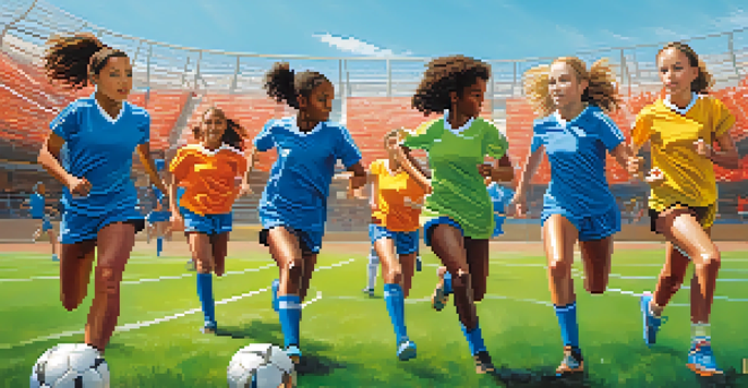 A group of young female athletes training on a soccer field, showing their energy and determination with cheering fans in the background.