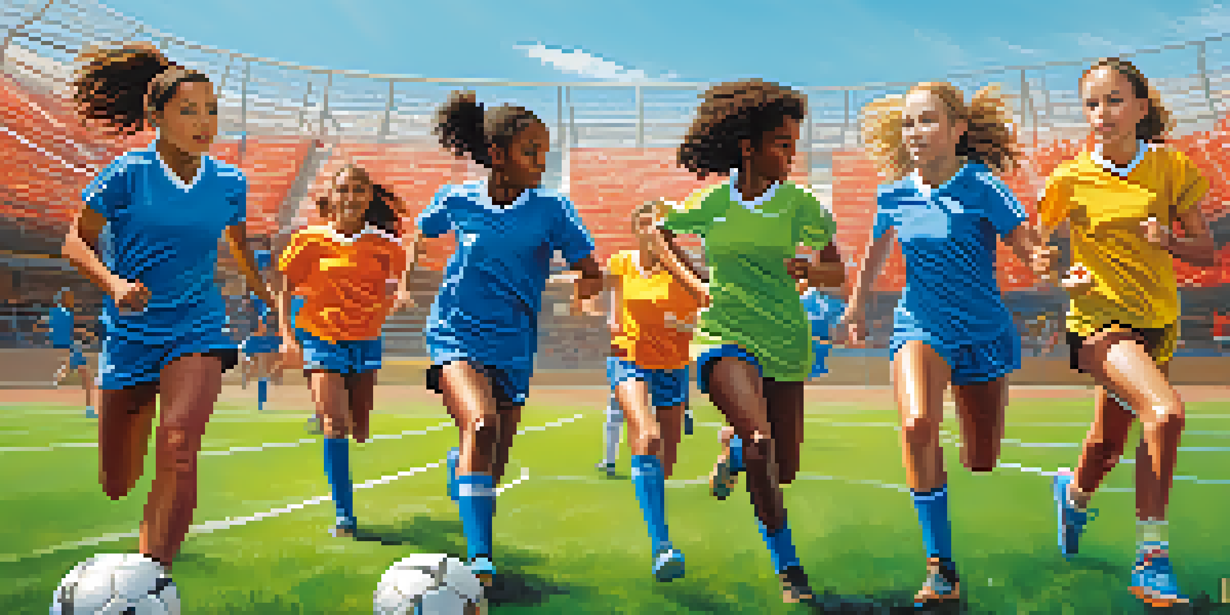 A group of young female athletes training on a soccer field, showing their energy and determination with cheering fans in the background.
