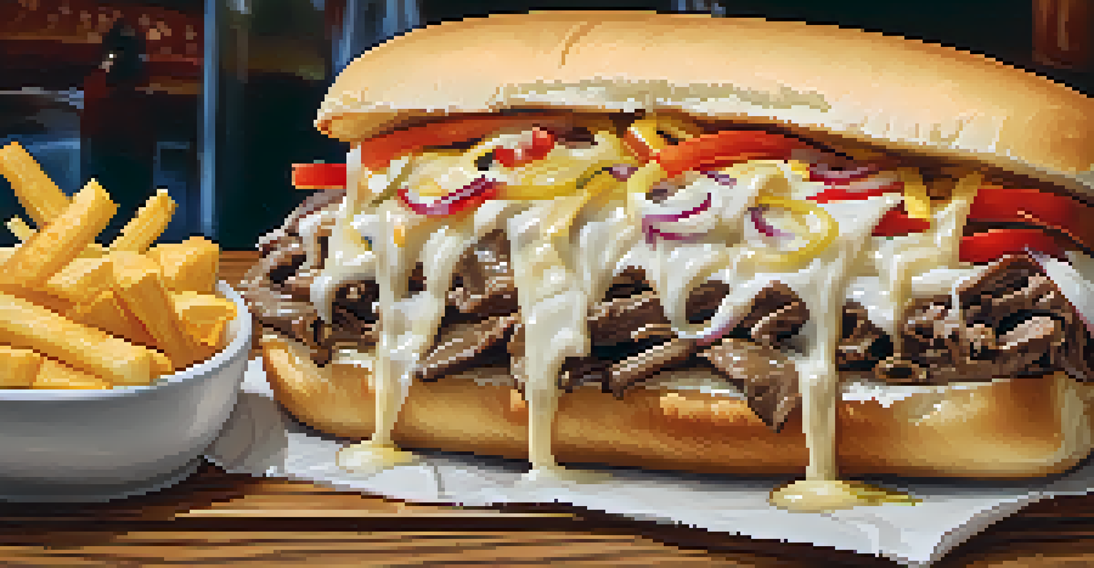 A close-up view of a cheesesteak sandwich with melted cheese and fresh ingredients.