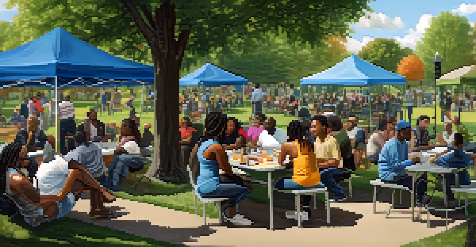 A diverse group of people having a community meeting in a park, discussing local issues.
