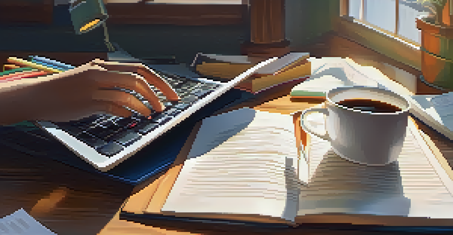 Close-up of hands typing on a laptop surrounded by educational materials in a bright study environment.