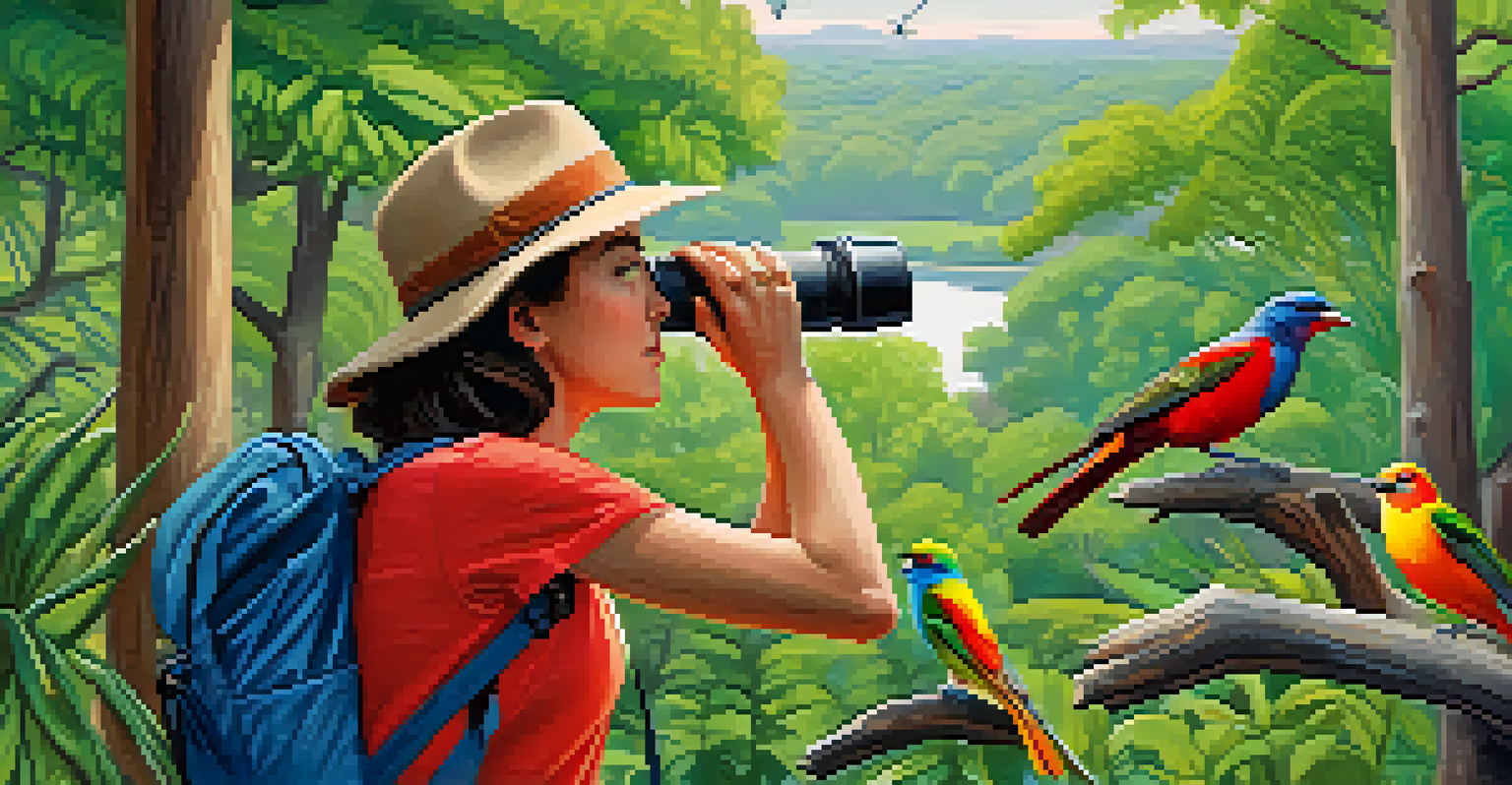 Close-up of a birder using binoculars in a park, with colorful birds in the background, capturing the excitement of birdwatching.