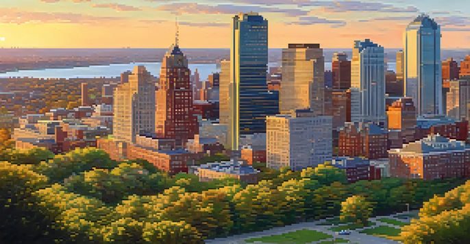 A panoramic view capturing the blend of urban, suburban, and rural landscapes in New Jersey, with the Manhattan skyline in the background during golden hour.