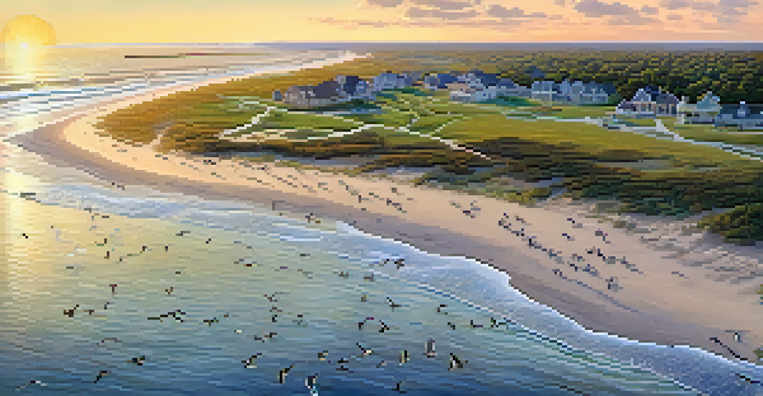 Aerial view of Cape May Point State Park with birdwatchers on platforms, migrating shorebirds, and a sunset illuminating the beach.