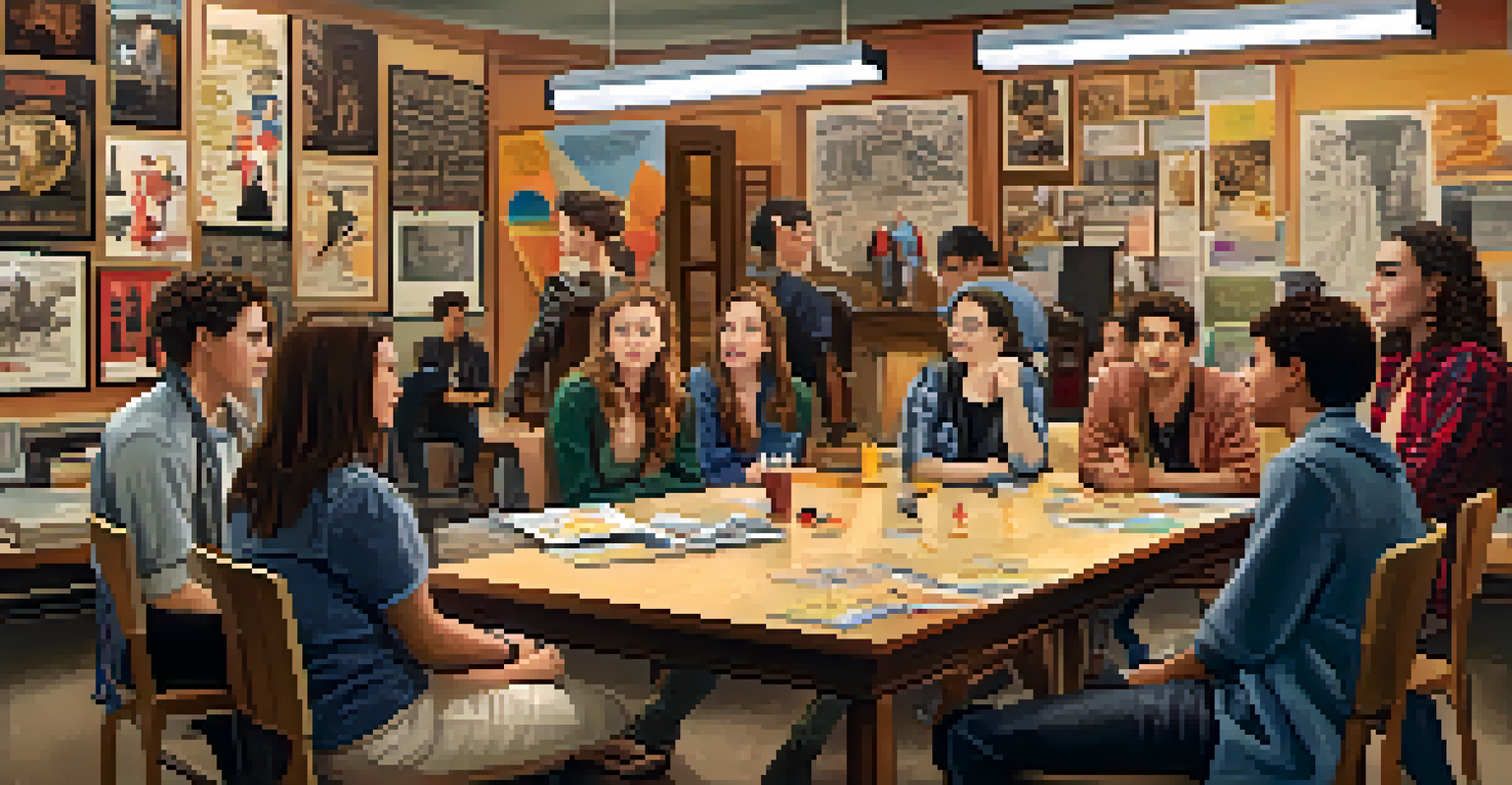 Aspiring theater students discussing a play in a classroom filled with theater props and posters.