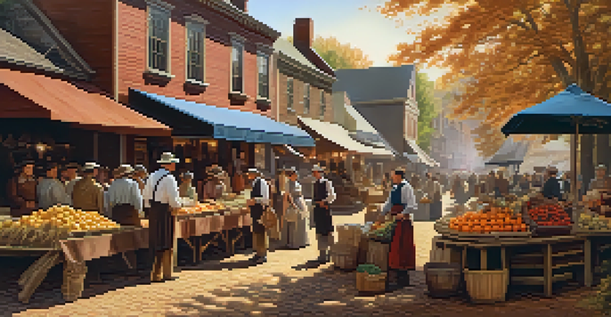 A historical marketplace in colonial New Jersey, filled with vendors and rustic buildings, illuminated by soft sunlight.