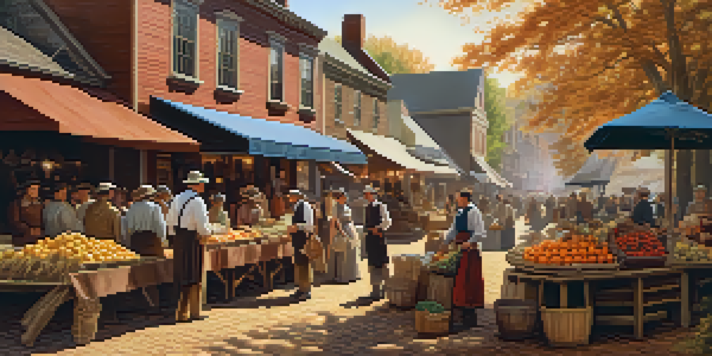 A historical marketplace in colonial New Jersey, filled with vendors and rustic buildings, illuminated by soft sunlight.