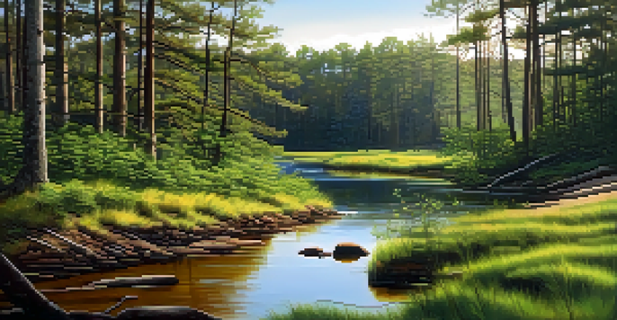A tranquil scene in the Pine Barrens, featuring dense pine forests, a calm river, and vibrant green ferns under soft sunlight.