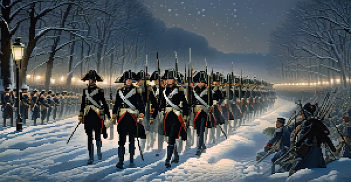 George Washington leading troops across the Delaware River at night, with snow and lantern light creating a dramatic scene.
