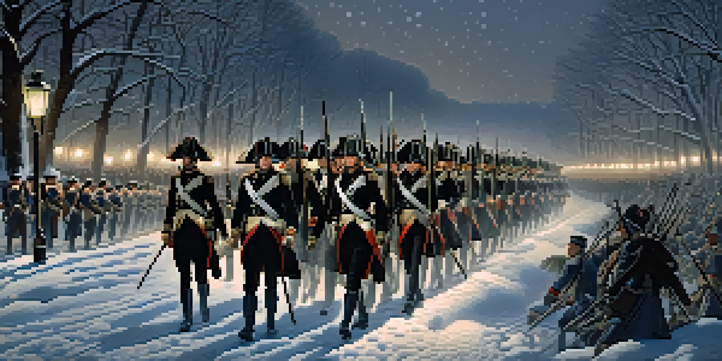 George Washington leading troops across the Delaware River at night, with snow and lantern light creating a dramatic scene.