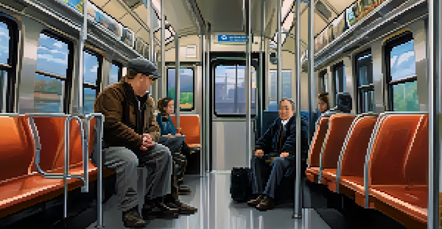 The interior of a public transit train featuring spacious seating for accessible travel, with a visually impaired person and an assisting conductor.