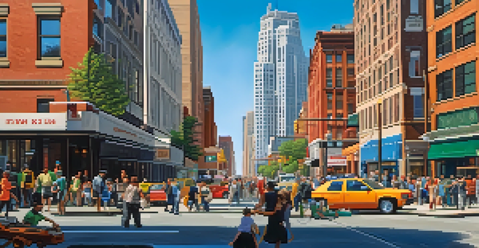 A lively urban landscape in New Jersey featuring skyscrapers, people in motion, and a bright sunny day.