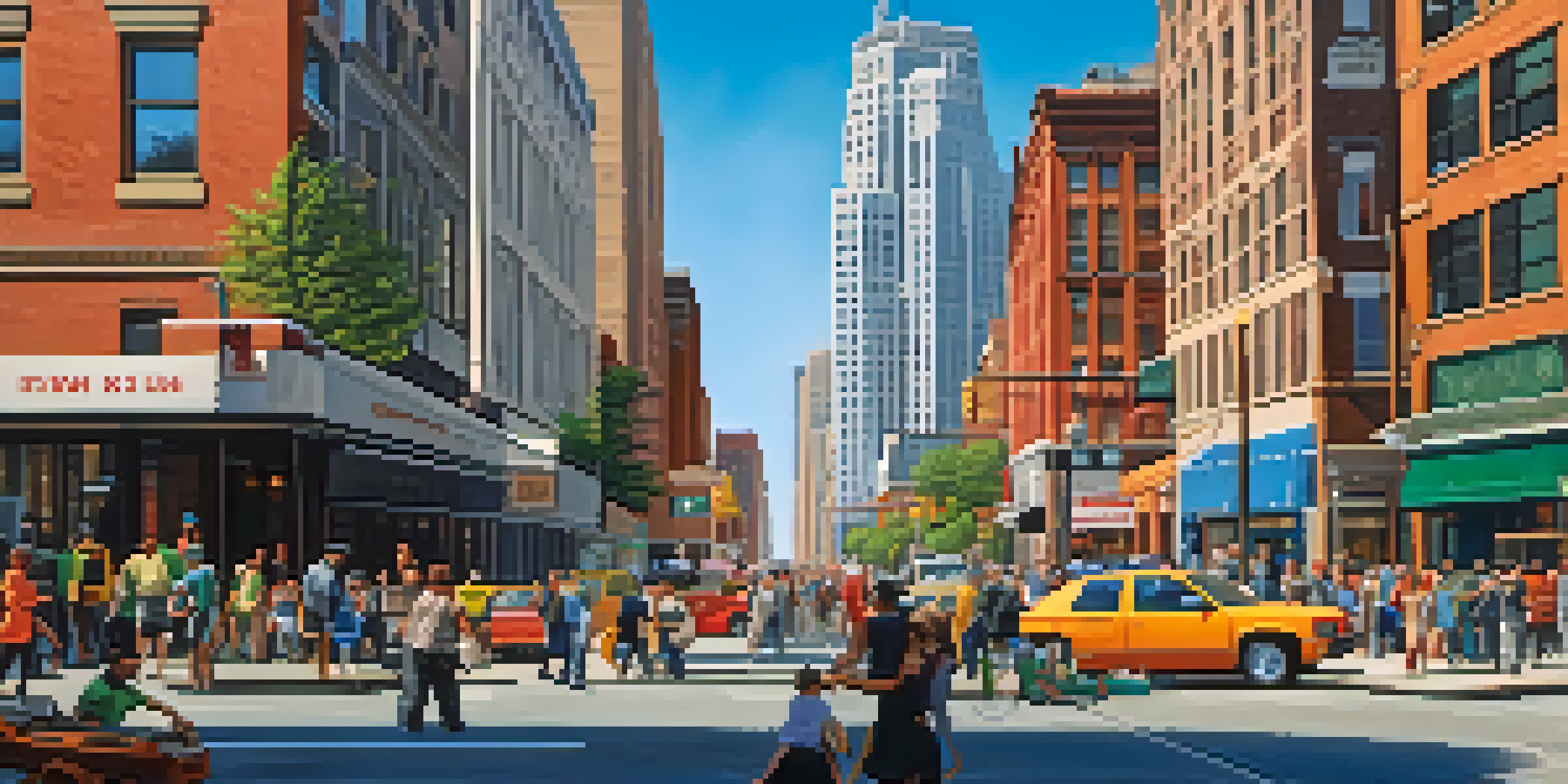 A lively urban landscape in New Jersey featuring skyscrapers, people in motion, and a bright sunny day.