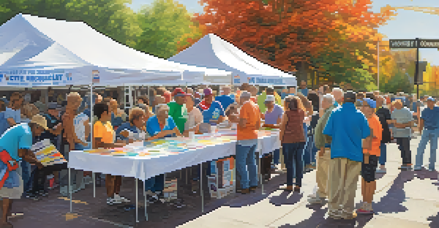 A community event in a New Jersey town square where residents are engaging in a voter registration drive with colorful banners and volunteers.