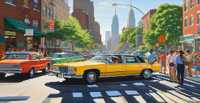 A busy urban street in New Jersey with commuters sharing a ride in a compact car, city skyline visible in the background.