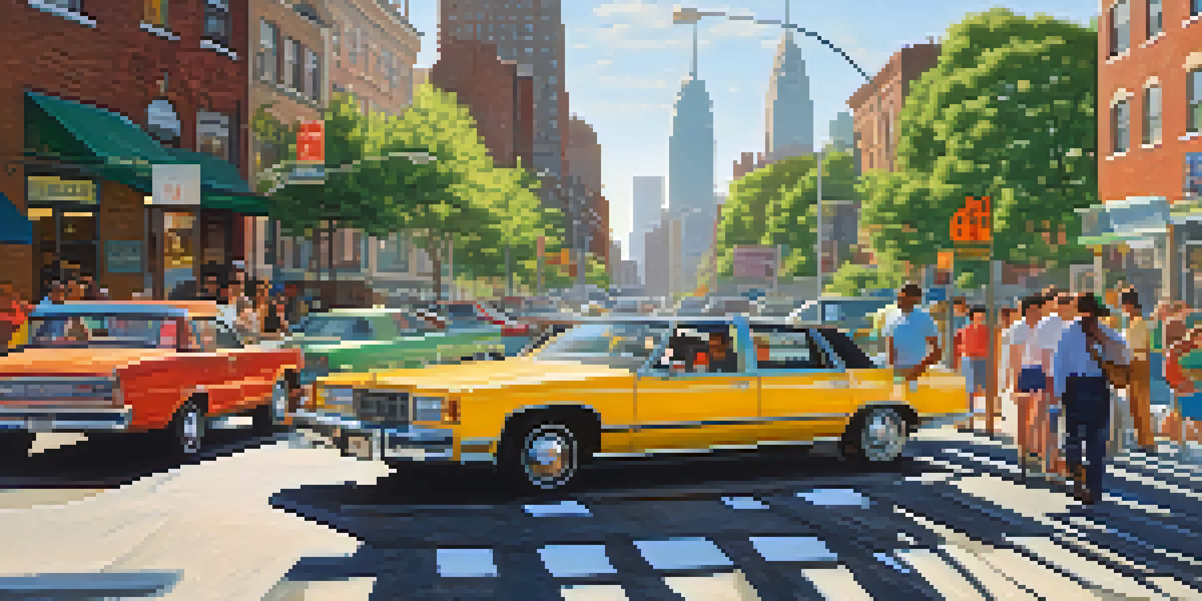 A busy urban street in New Jersey with commuters sharing a ride in a compact car, city skyline visible in the background.