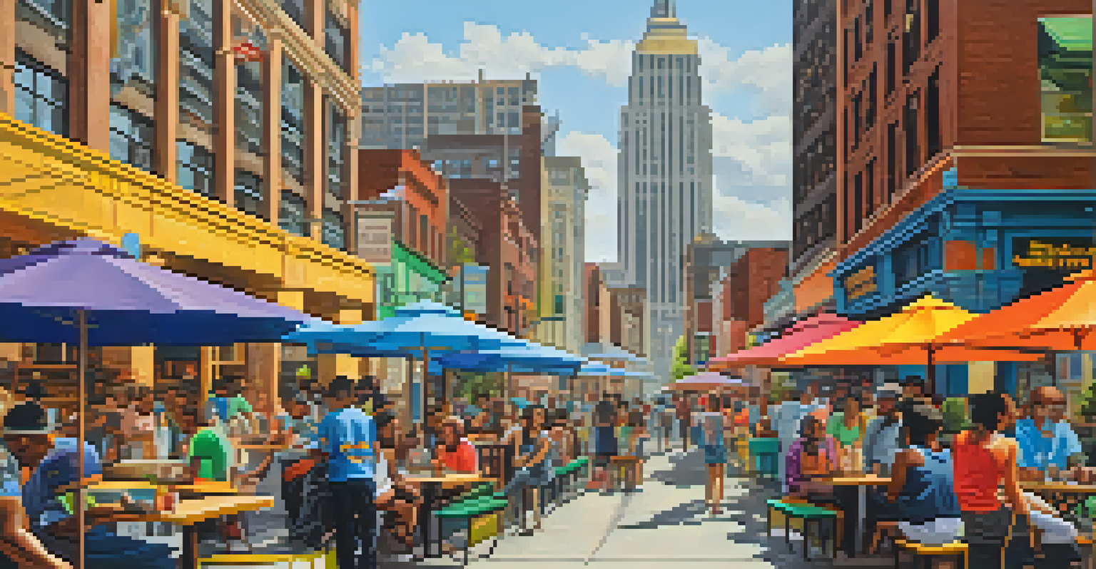 A lively urban scene in Newark, New Jersey, with an outdoor café and colorful street art against a backdrop of skyscrapers.