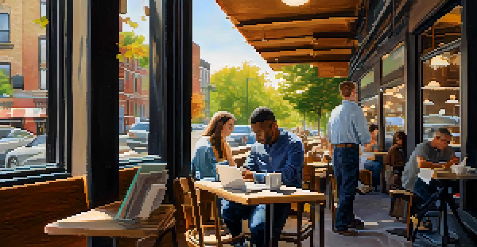 A remote worker at a coffee shop in Newark, New Jersey, focused on their laptop amidst a cozy café setting.