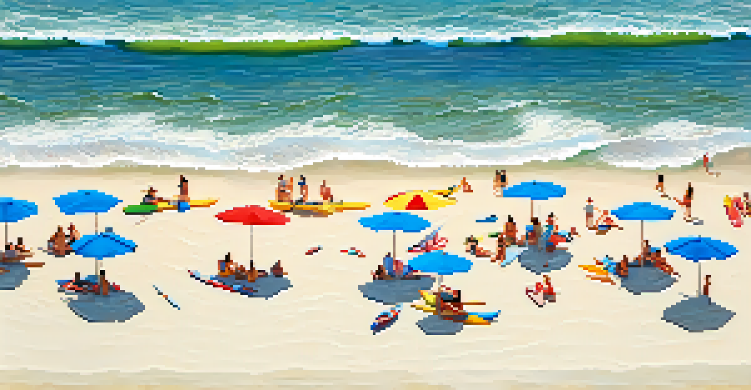 Aerial view of kayakers on the ocean at Island Beach State Park in New Jersey, with sandy beach and colorful umbrellas.