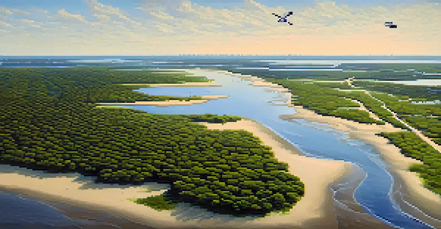An aerial view of New Jersey's coastline showing sandy beaches, dunes, and wetlands with shorebirds in flight.