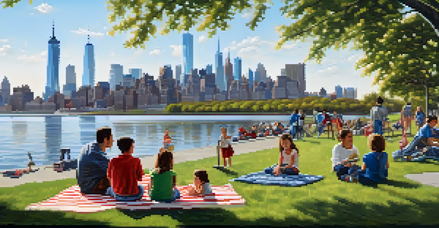 Families enjoying Liberty State Park with the Statue of Liberty and Manhattan skyline in the background, children playing and adults picnicking.