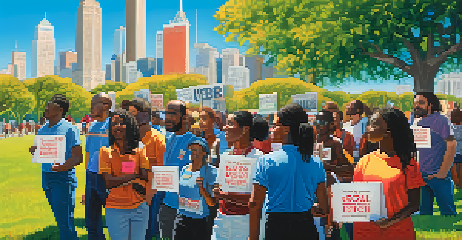 A diverse group of activists in a park, holding signs for social justice with a city skyline in the background.
