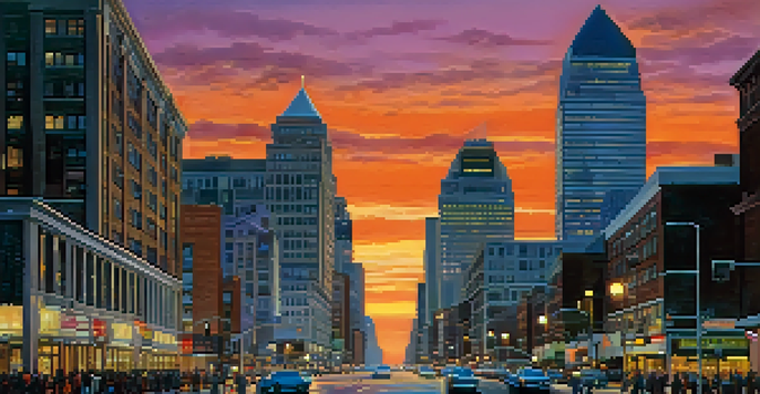 A vibrant cityscape of Newark, New Jersey at dusk, with illuminated skyscrapers and a busy street filled with people and cars.