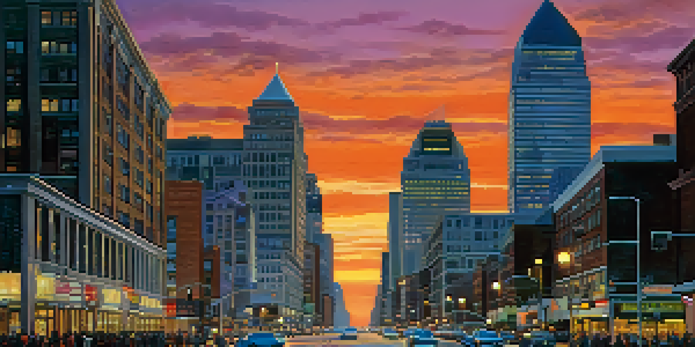 A vibrant cityscape of Newark, New Jersey at dusk, with illuminated skyscrapers and a busy street filled with people and cars.