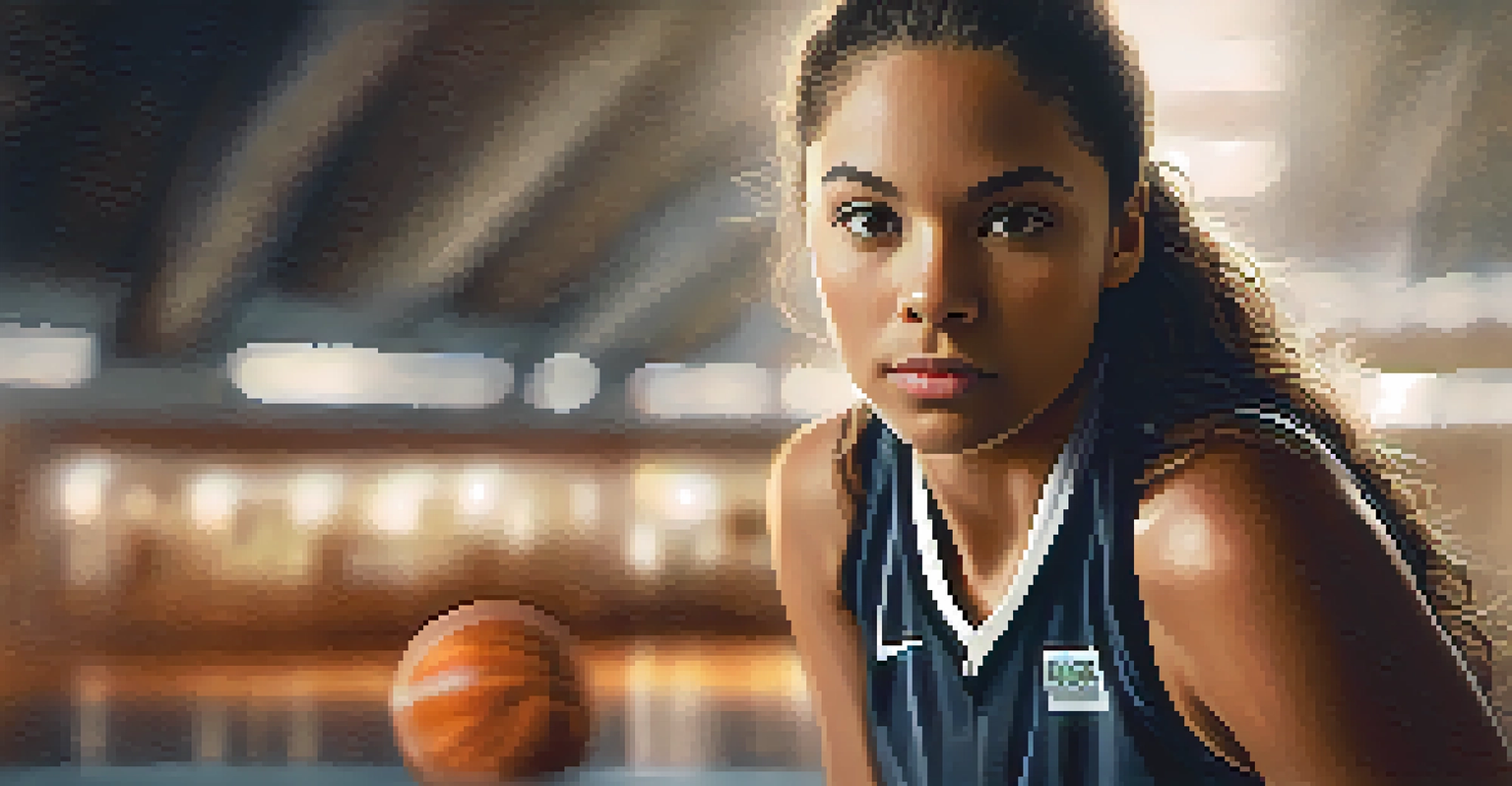 A female athlete holding a basketball with a determined expression, focused in a gym setting.