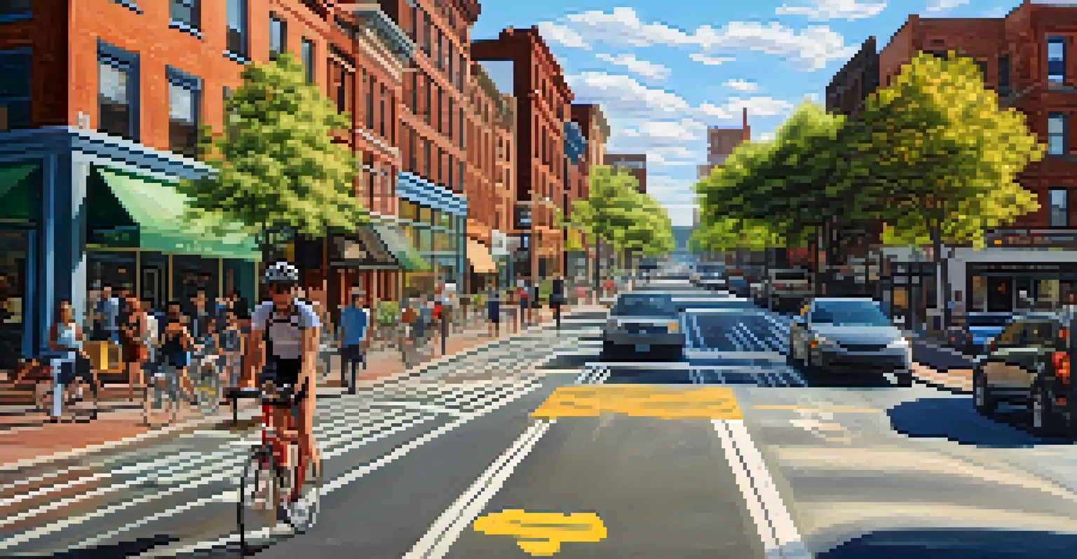 A cyclist using a dedicated bike lane in Hoboken, New Jersey, with urban buildings and pedestrians in the background.