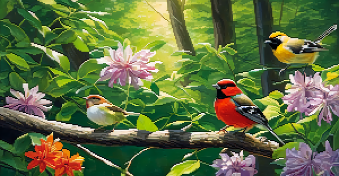 A peaceful forest scene with colorful songbirds perched on branches, sunlight filtering through the leaves, and blooming wildflowers on the ground.