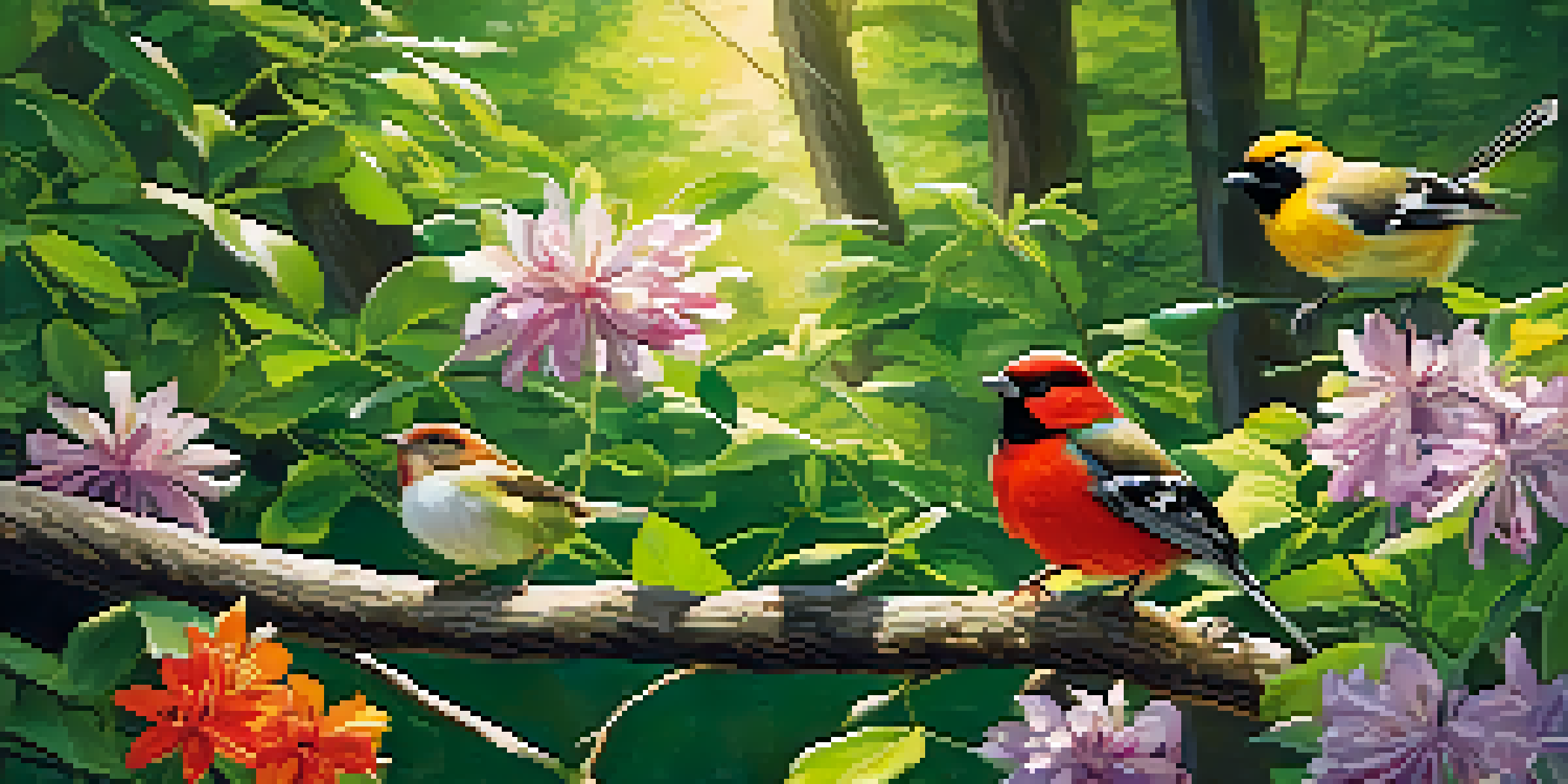 A peaceful forest scene with colorful songbirds perched on branches, sunlight filtering through the leaves, and blooming wildflowers on the ground.