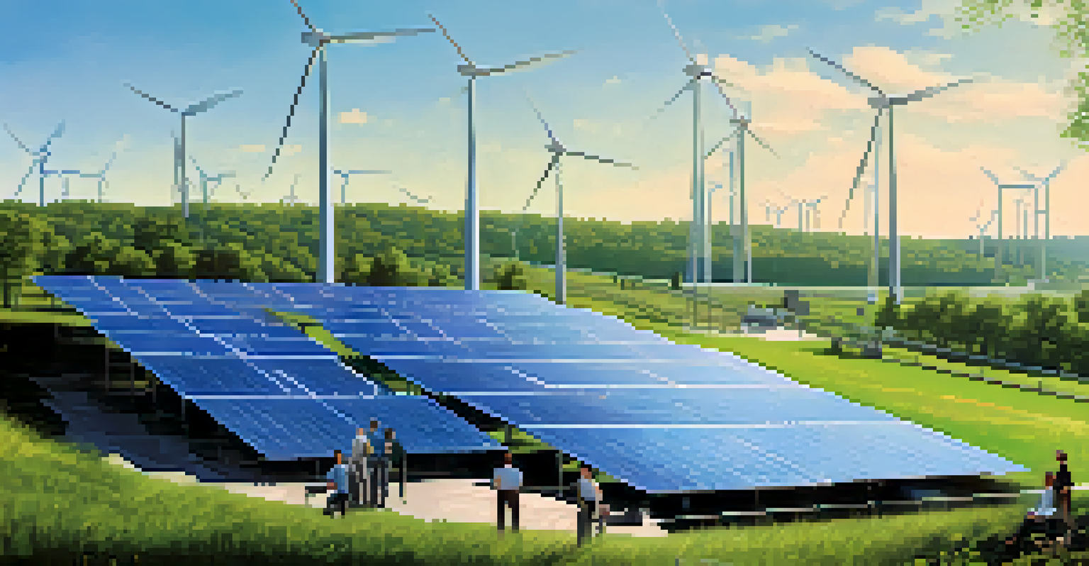 A renewable energy facility in New Jersey with solar panels and wind turbines. Professionals are discussing a project in a lush, green environment.