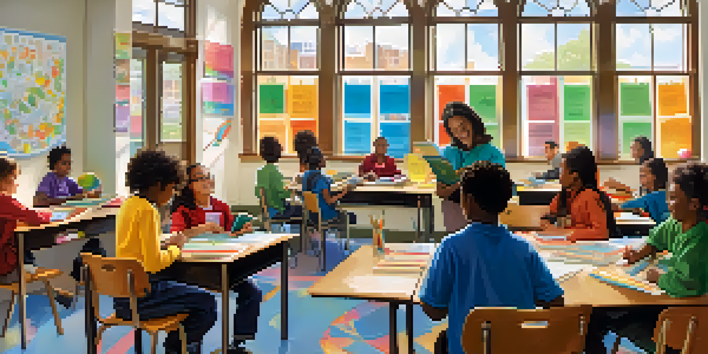 A classroom with diverse students collaborating on a project, accompanied by a supportive teacher, filled with bright colors and natural light.