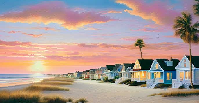A peaceful coastal town in New Jersey at sunset, with colorful houses and a calm sea reflecting the sky.
