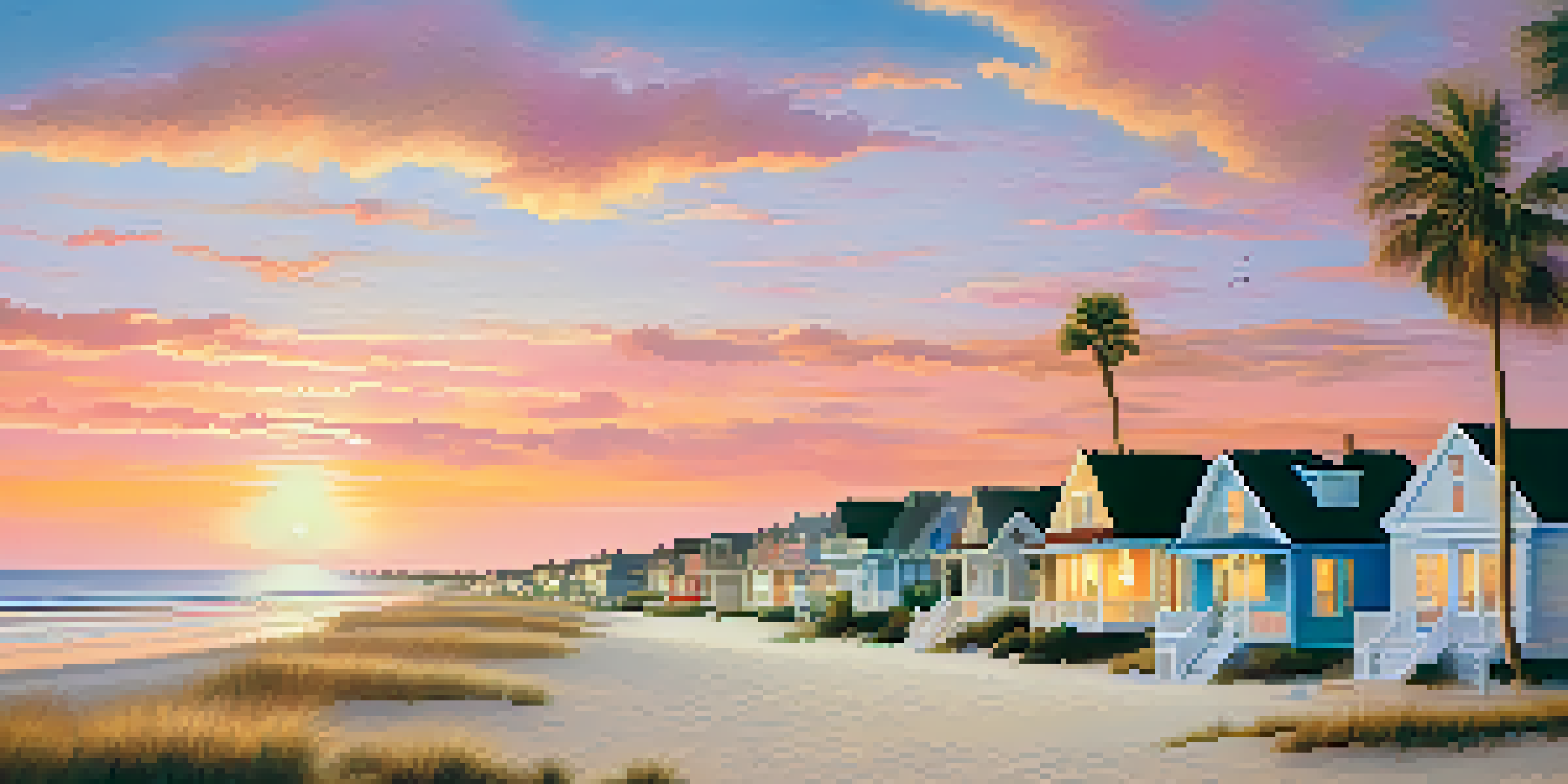 A peaceful coastal town in New Jersey at sunset, with colorful houses and a calm sea reflecting the sky.