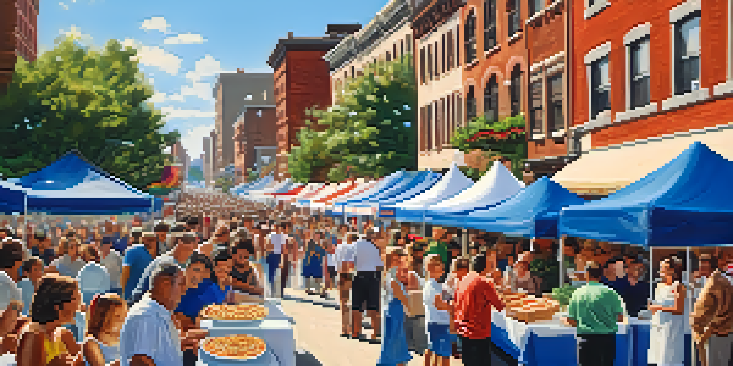 A vibrant festival scene featuring colorful booths filled with traditional Italian foods, families enjoying the event, and musicians performing.
