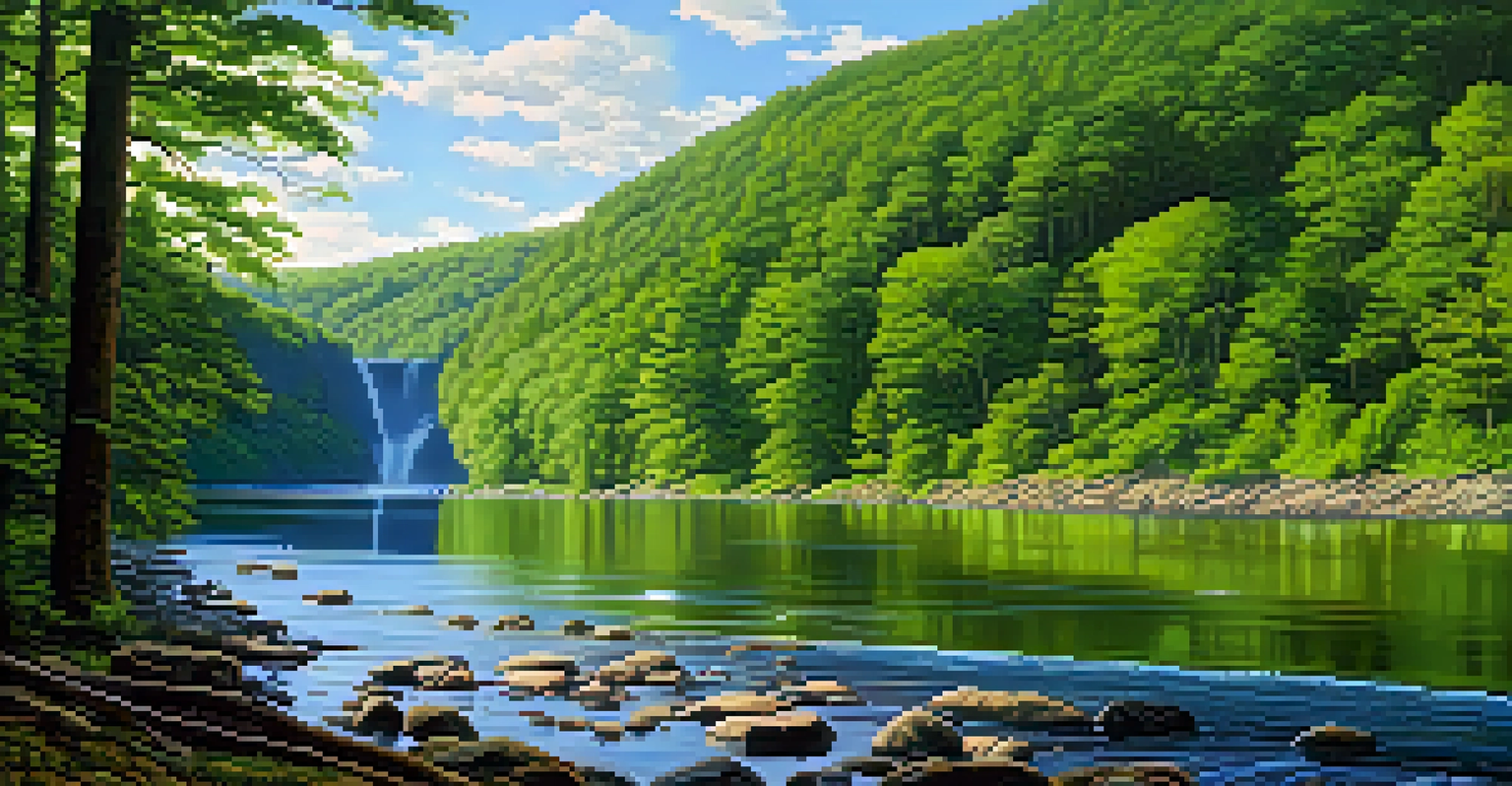 A picturesque view of the Delaware Water Gap featuring lush forests, waterfalls, and a river with deer grazing nearby under a clear sky.